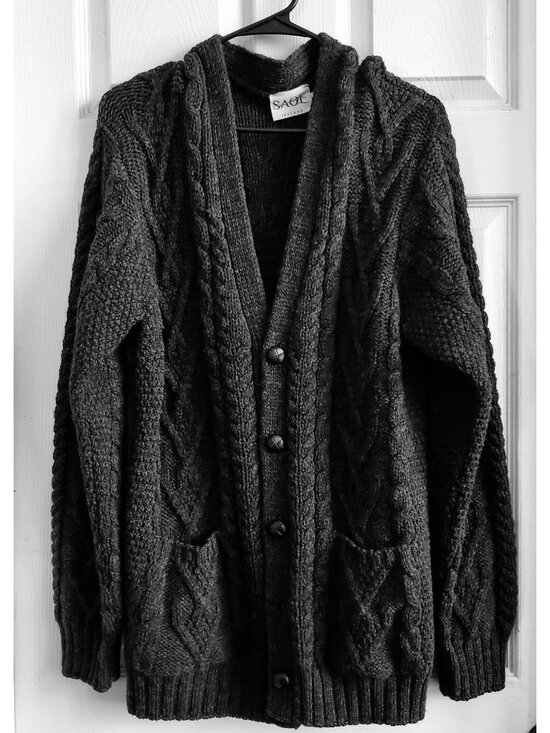 Saol Other - SAOL Merino Wool Cardigan L Made n Ireland Charcoal Leather Button Pristine Knit